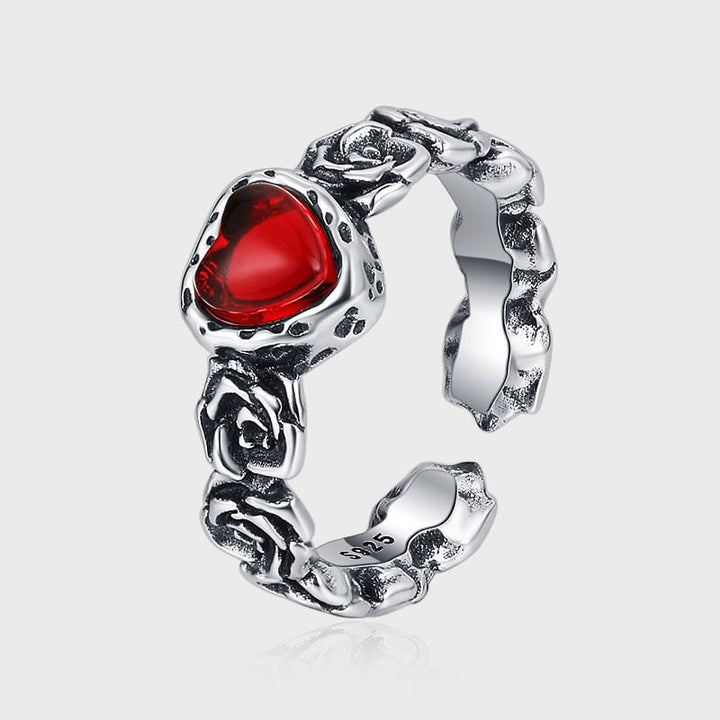 Heart-Shaped Red Stone Ring with Rose Vine Band in Silver-Tone