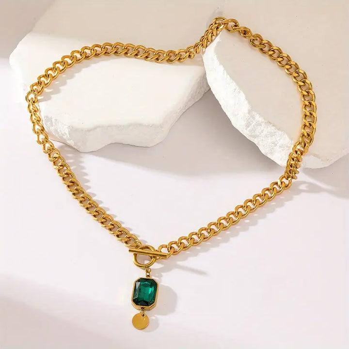 Massive Chain Emerald Gold Pendant Necklace