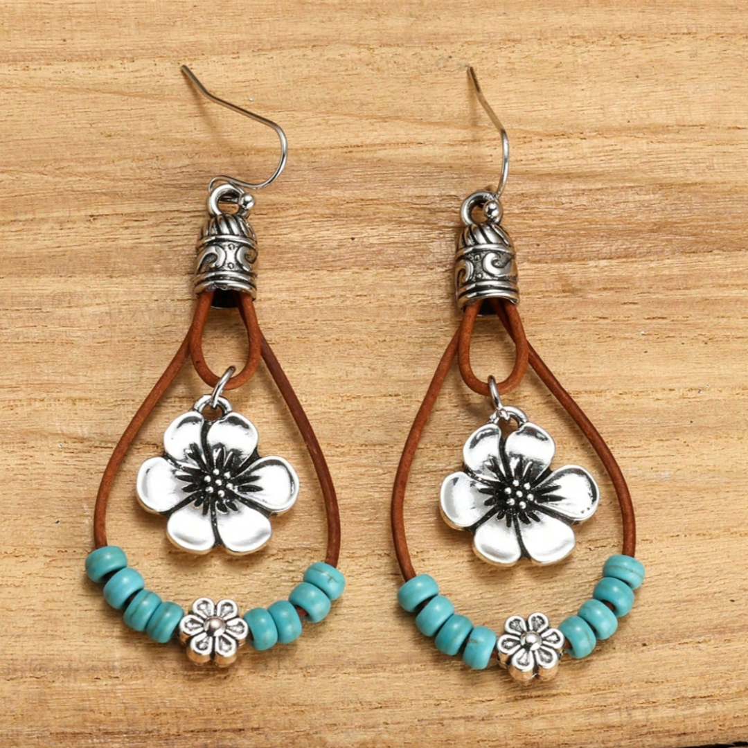 Boho Silver Floral Turquoise Earrings