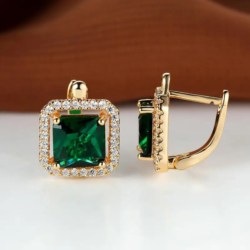 Gold-tone green square zirconia gold earrings