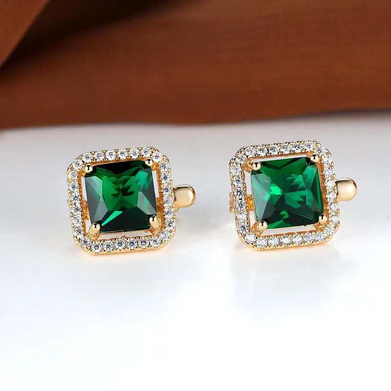 Gold-tone green square zirconia gold earrings