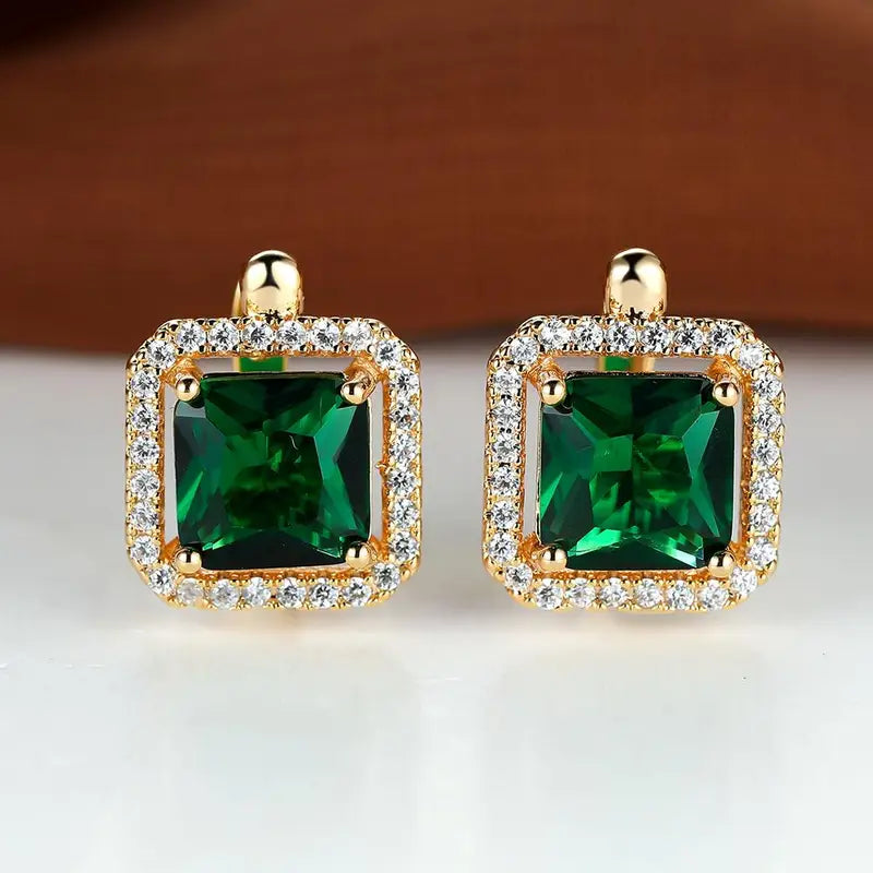 Gold-tone green square zirconia gold earrings