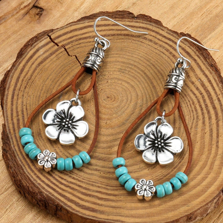 Boho Silver Floral Turquoise Earrings