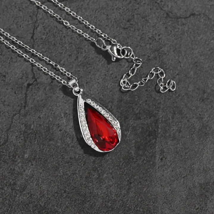 Ruby Red Teardrop Crystal Wrap Pendant Necklace - Silver
