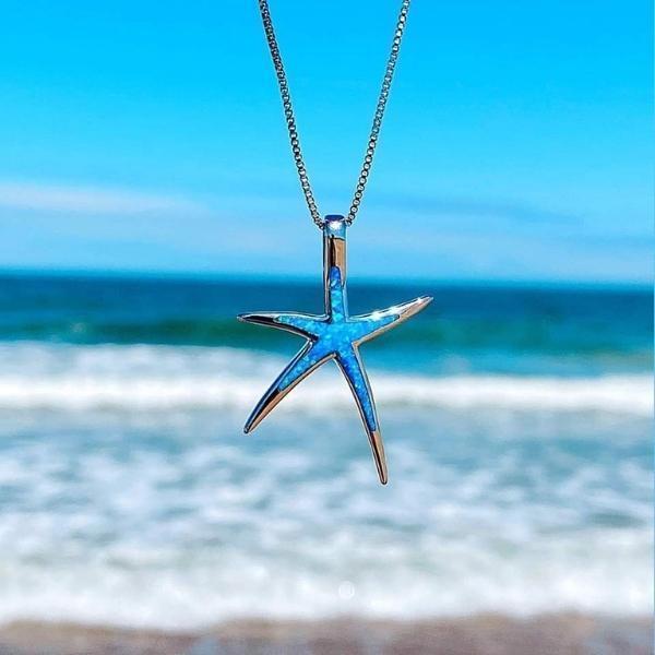 Blue Opal Silver Starfish Necklace