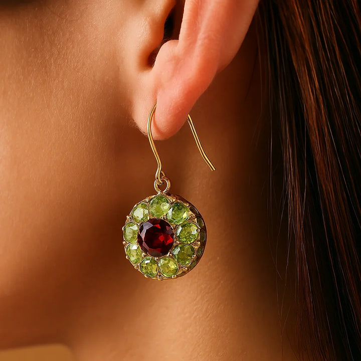 Retro round crystal earrings in green and red