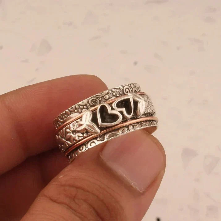 Heart Motif Scroll Engraved Ring, Two-Tone Silver & Rose Gold-Tone