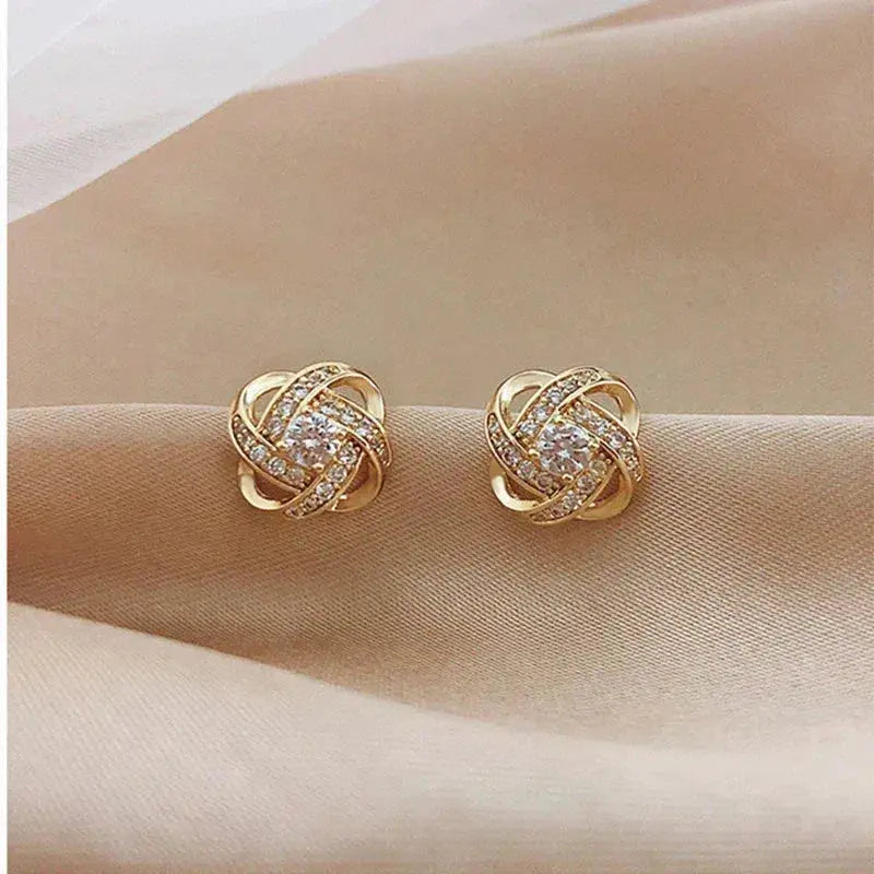 Gold Spiral Stud Earrings with Flowers and Crystals