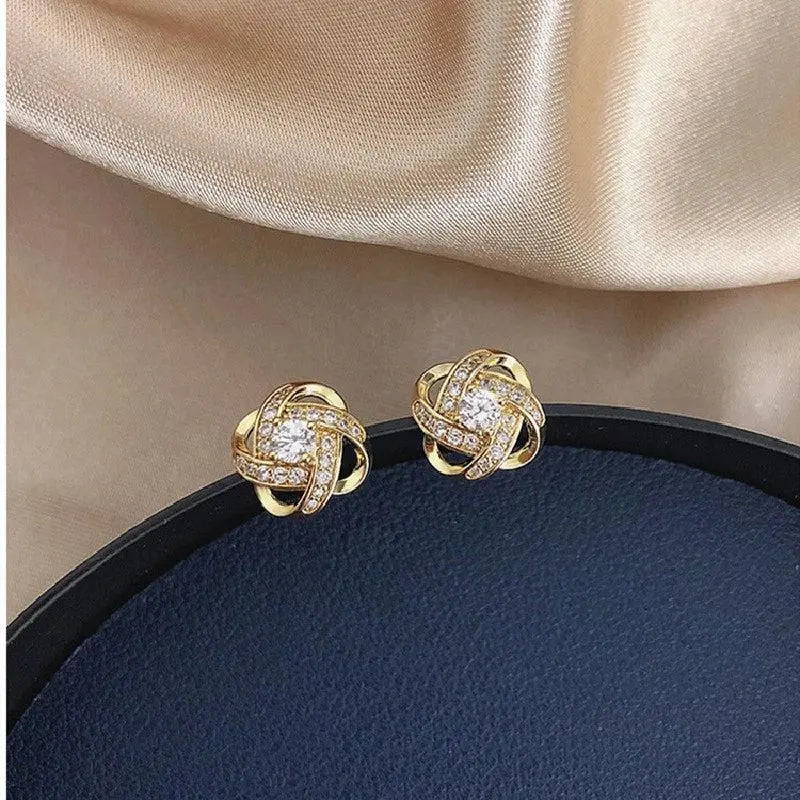 Gold Spiral Stud Earrings with Flowers and Crystals