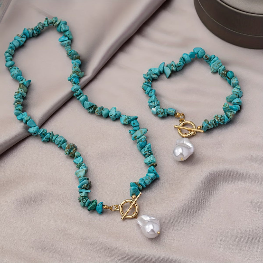 Turquoise & Pearl Necklace and Bracelet Set