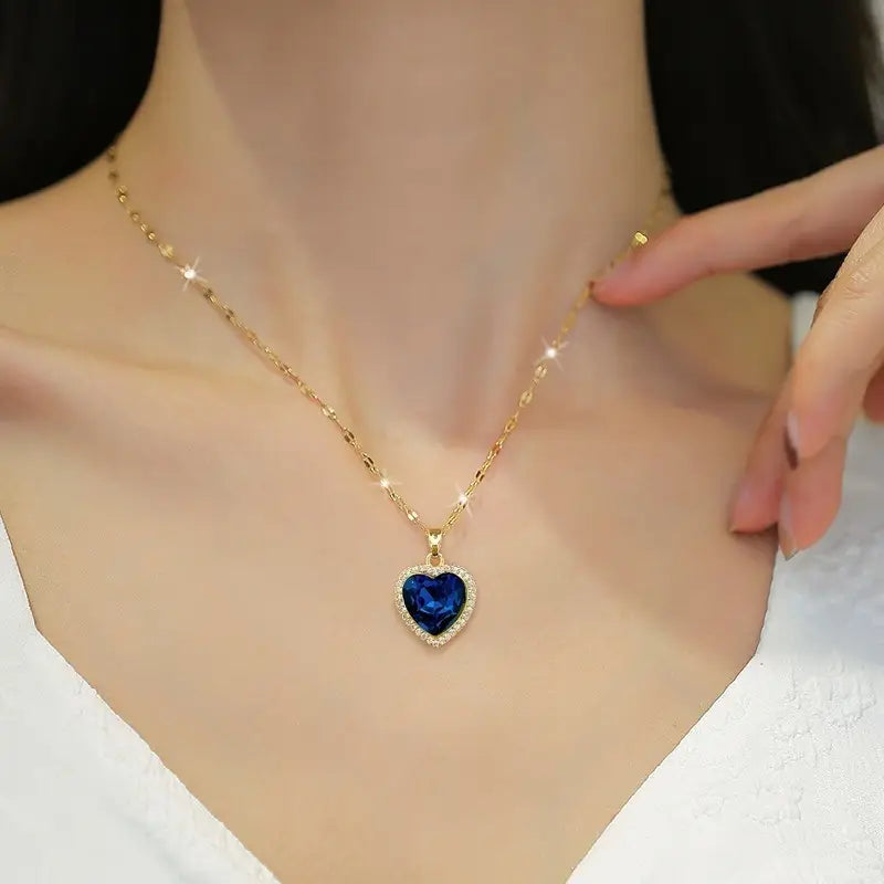 Blue Sapphire Heart Halo Pendant Necklace - Gold