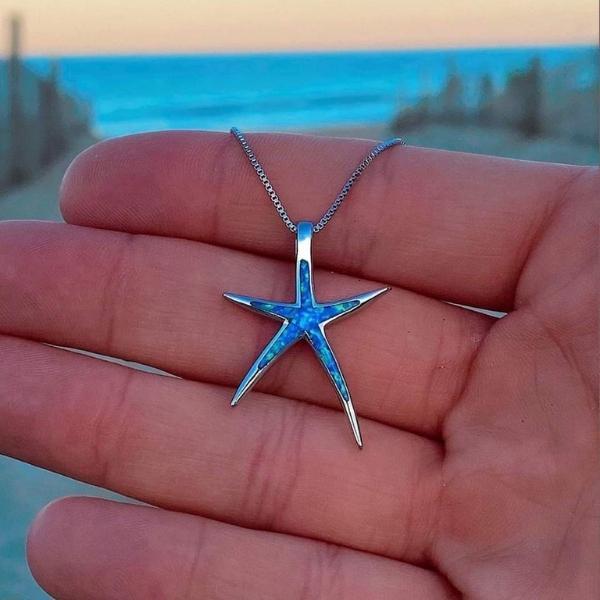 Blue Opal Silver Starfish Necklace