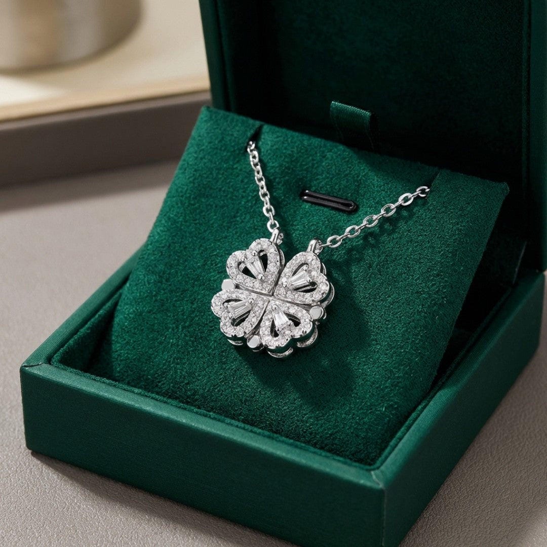Gold-Tone Clover Necklace with Zircon Heart Pendant