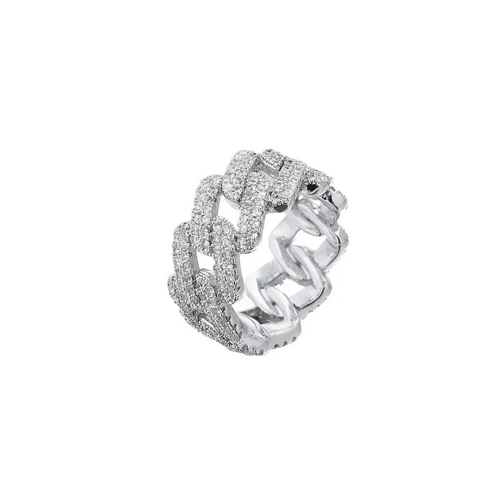 Chain-Link Cubic Zirconia Statement Ring with Pavé Detail, Gold-Tone or Silver-Tone