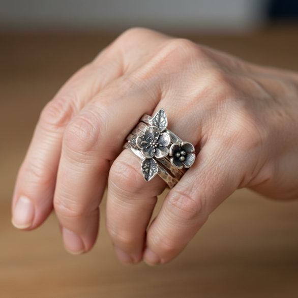 Vintage silver ring multi-row blossom