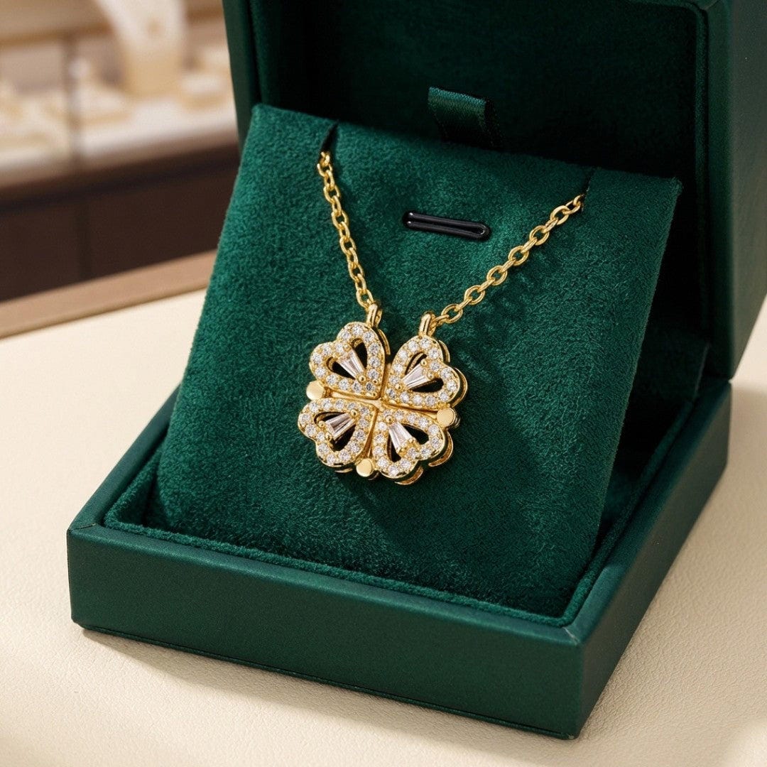 Gold-Tone Clover Necklace with Zircon Heart Pendant