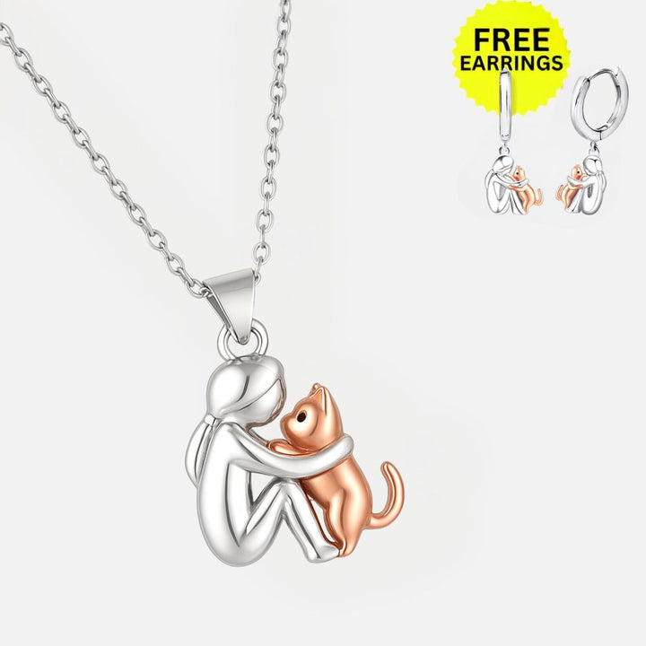 Cat Hug Pendant Necklace with Bonus Earrings - Limited Time Offer