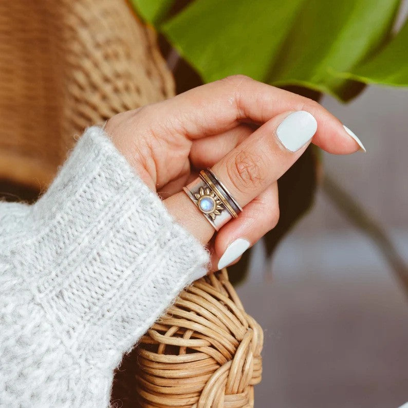 Two-Tone Moonstone Ring with Wide Band in Silver and Gold