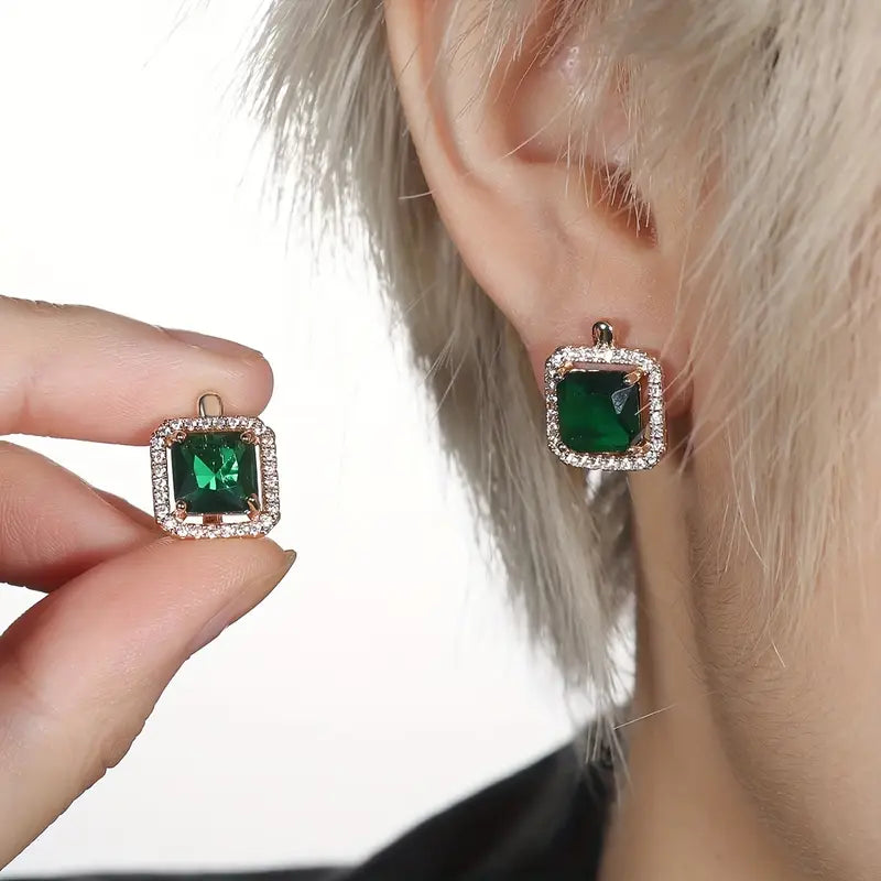 Gold-tone green square zirconia gold earrings