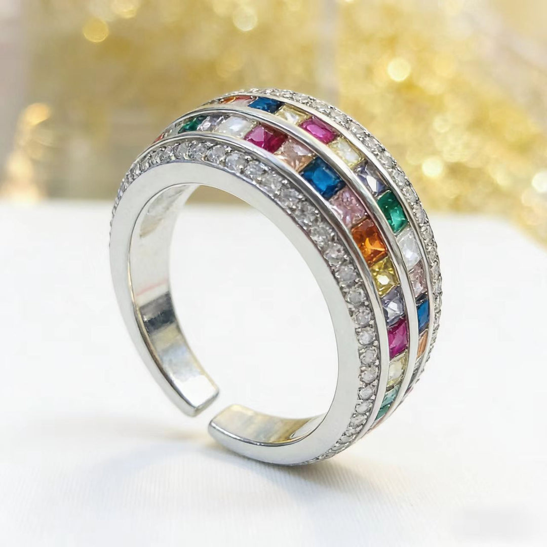 Rainbow Multi-Stone Cocktail Ring in Silver-Tone with Pave Crystal Band