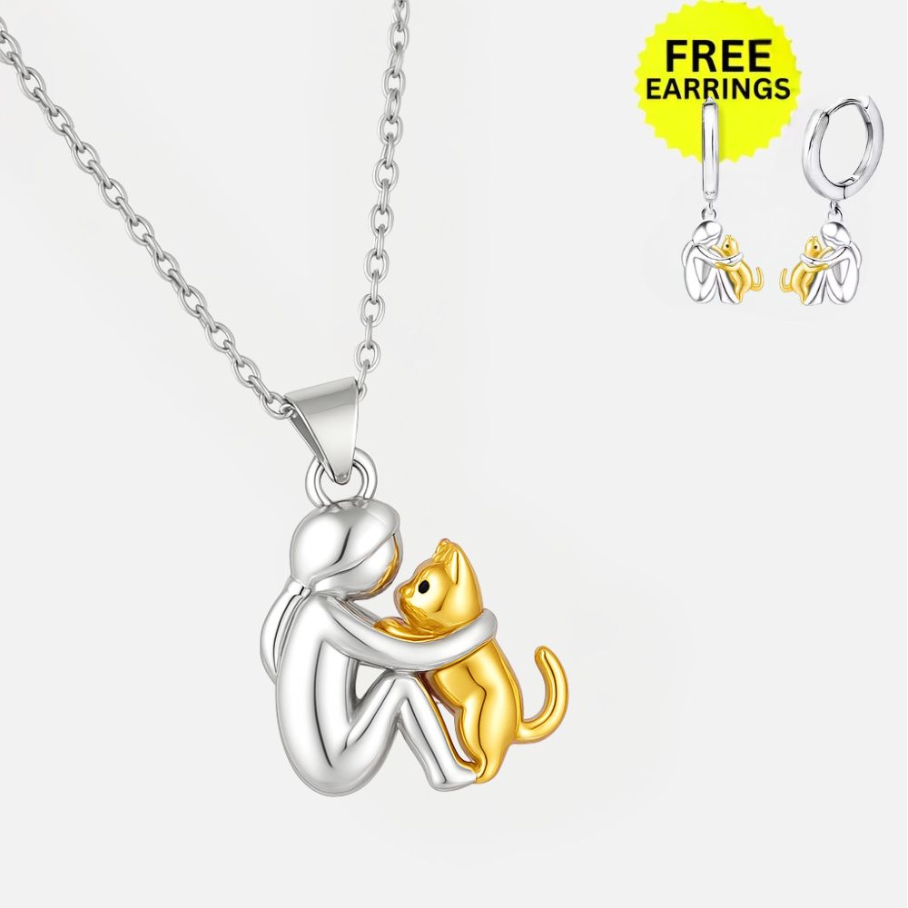 Cat Hug Pendant Necklace with Bonus Earrings - Limited Time Offer
