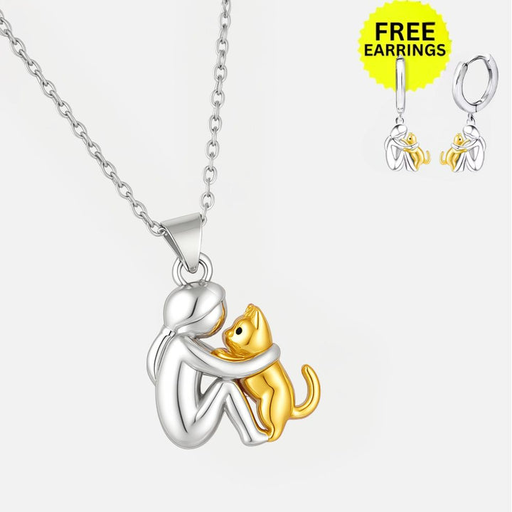 Cat Hug Pendant Necklace with Bonus Earrings - Limited Time Offer