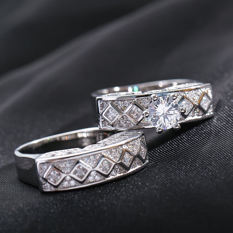 Round Cubic Zirconia Solitaire Ring Set with Silver-Tone Lattice Band