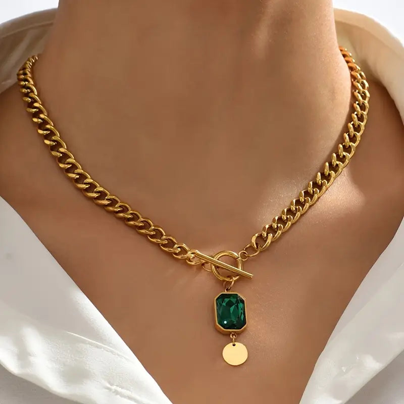 Massive Chain Emerald Gold Pendant Necklace