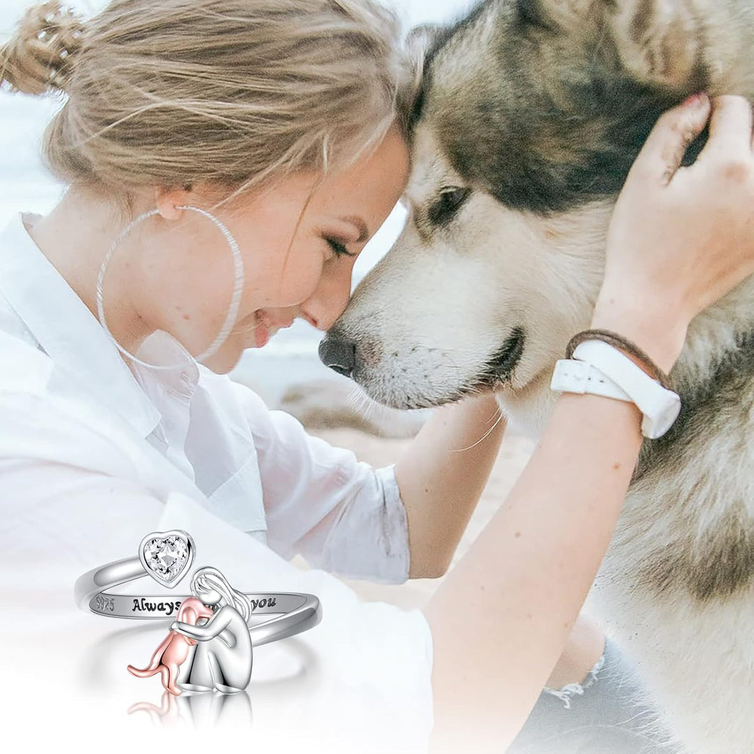 Adjustable Dog Ring in 925 Sterling Silver - “Forever in My Heart” with Cubic Zirconia