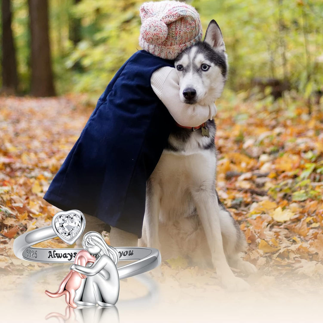 Adjustable Dog Ring in 925 Sterling Silver - “Forever in My Heart” with Cubic Zirconia