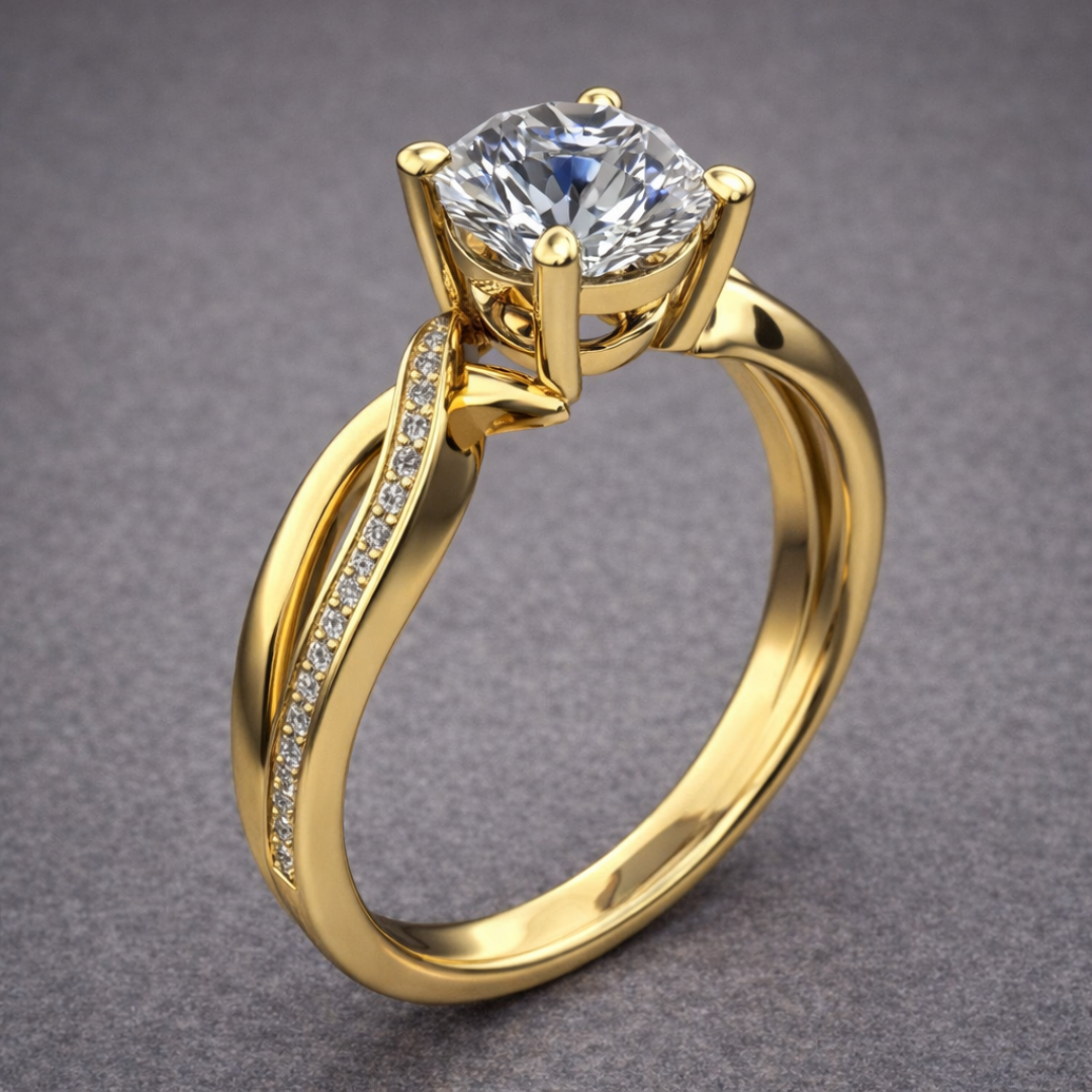Twisted Band Solitaire Ring with Clear Stone Accents in Gold Tone