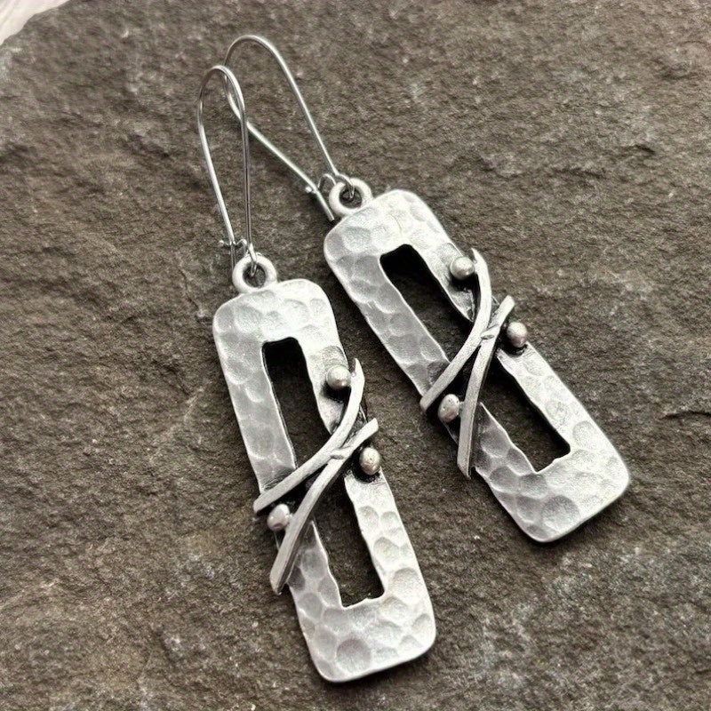 Elongated Rustic Silver Earrings