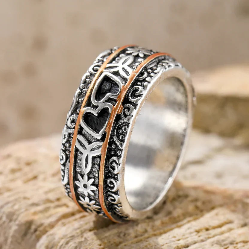 Heart Motif Scroll Engraved Ring, Two-Tone Silver & Rose Gold-Tone