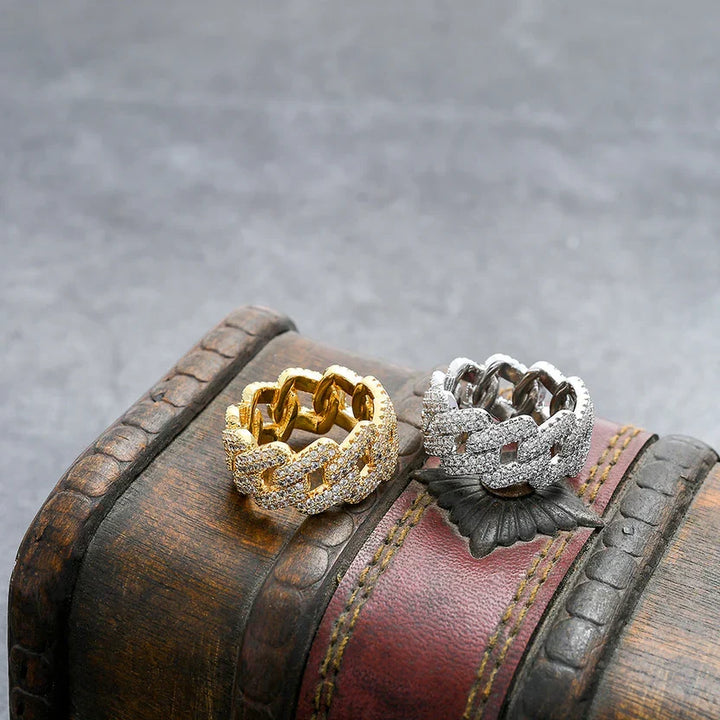 Chain-Link Cubic Zirconia Statement Ring with Pavé Detail, Gold-Tone or Silver-Tone