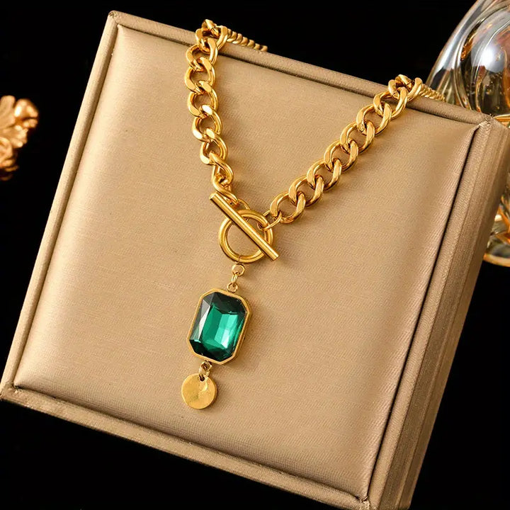 Massive Chain Emerald Gold Pendant Necklace