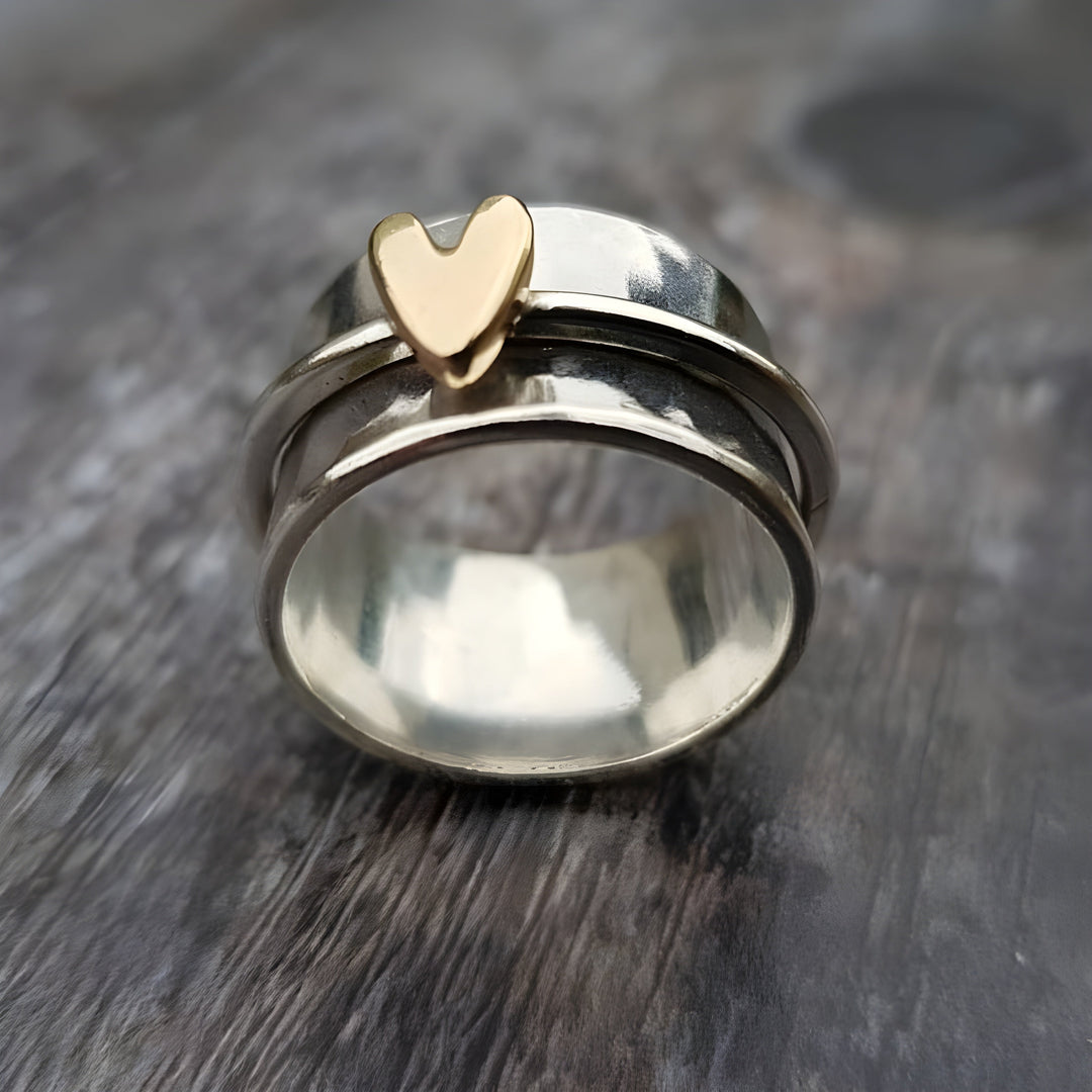 Heart Accent Two-Tone Ring with Wide Polished Band