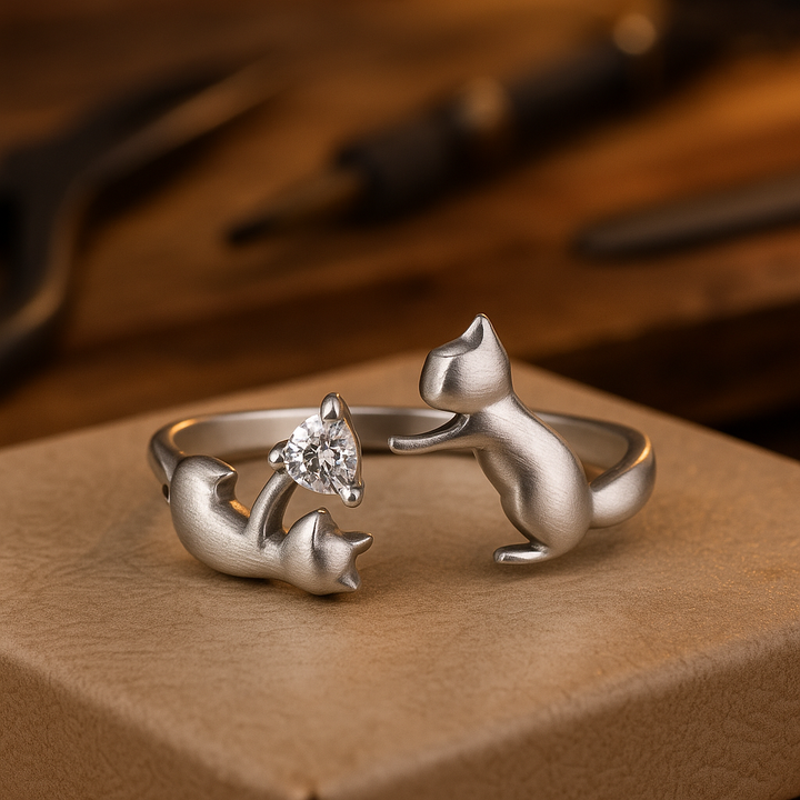 Playful adjustable sterling silver cat ring with cubic zirconia