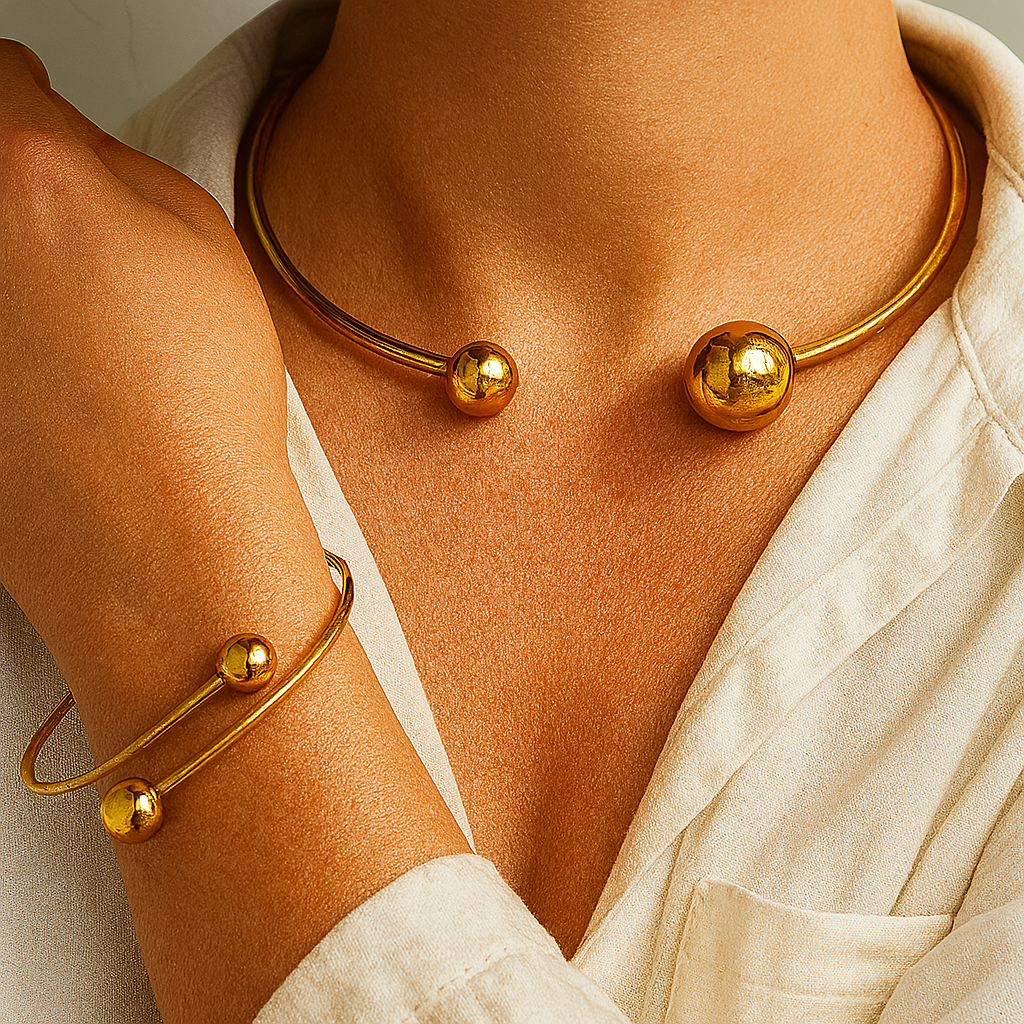 Minimalist Glossy Necklace & Bangle Set | Gold