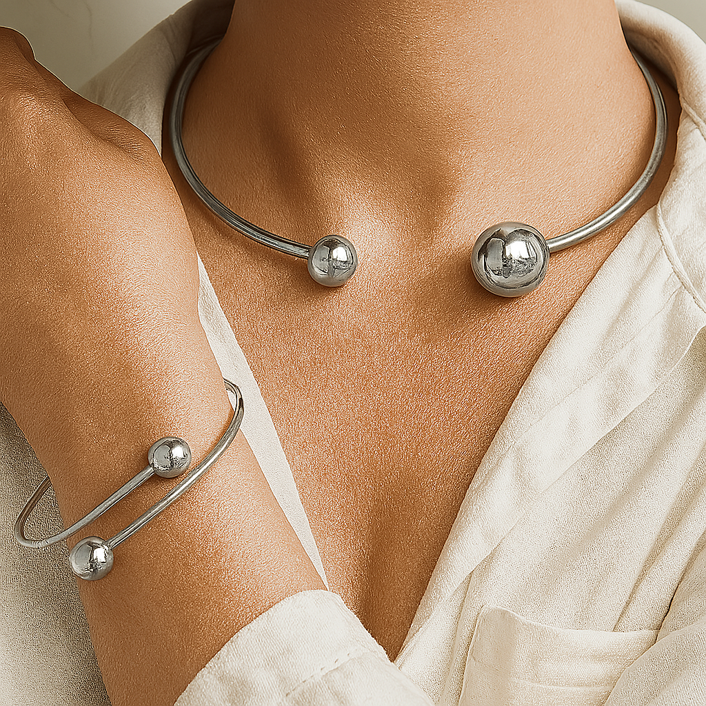 Minimalist Glossy Necklace & Bangle Set | Gold