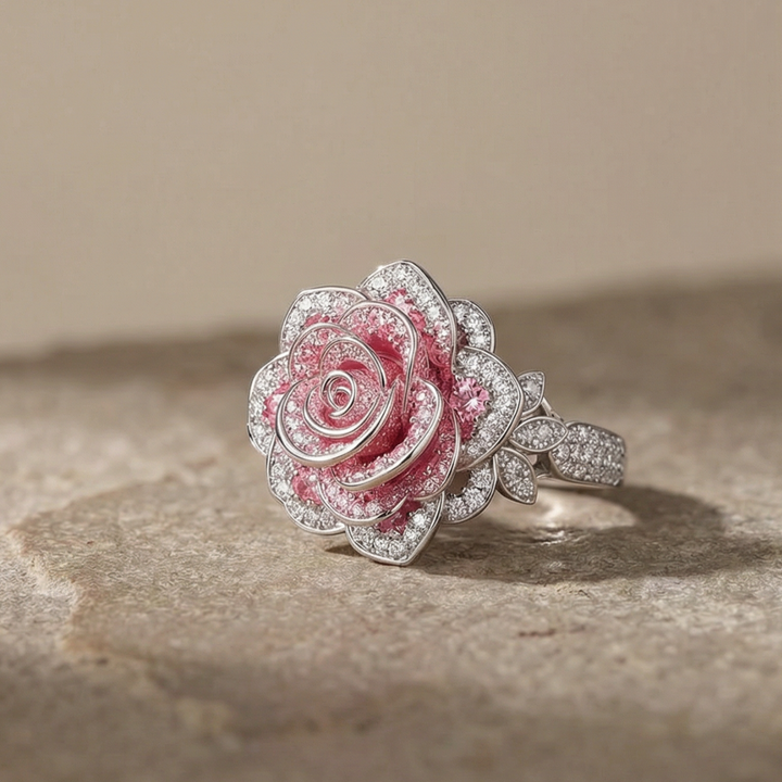Exotic silver-plated ring with pink flowers