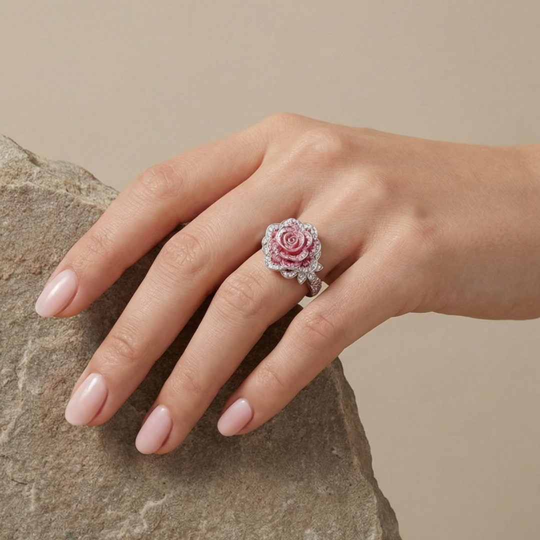 Exotic silver-plated ring with pink flowers