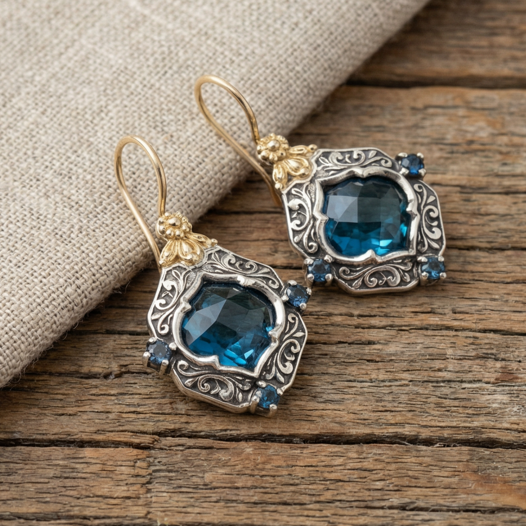 Vintage earrings with blue crystal in gold and silver