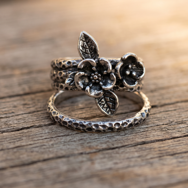 Oxidized Two-Flower Silver-Tone Statement Ring with Textured Band