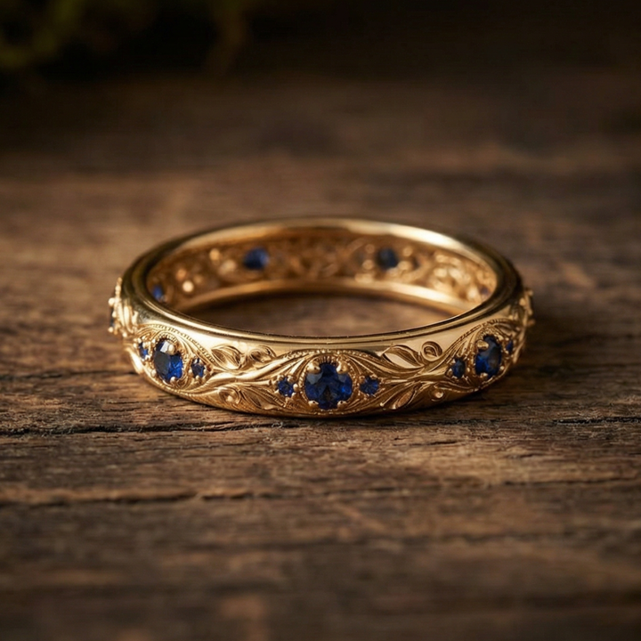 Exotic fine leaf ring with blue zirconia