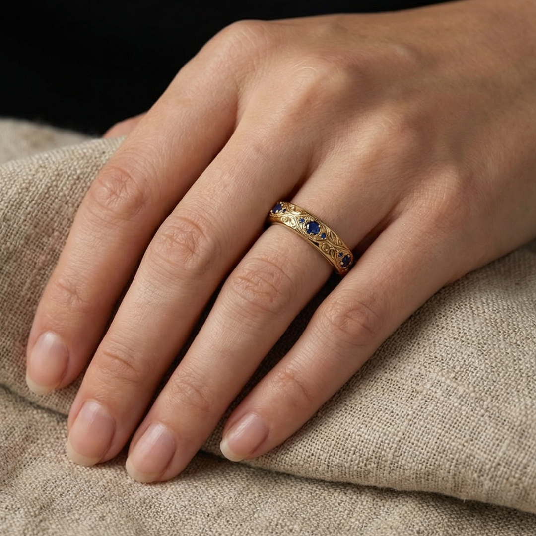 Exotic fine leaf ring with blue zirconia