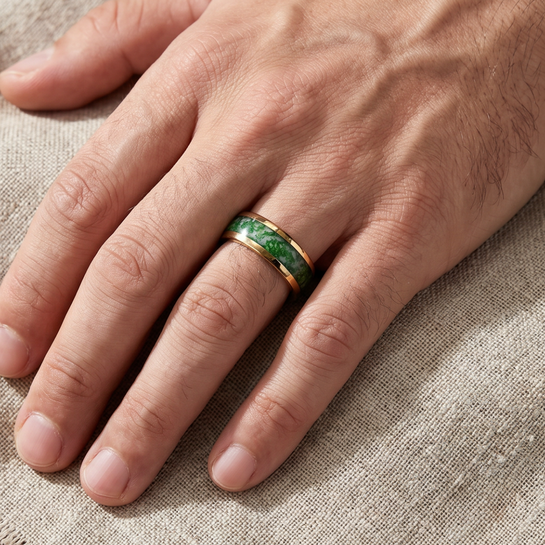 Green Inlay Gold-Tone Band Ring with Polished Finish