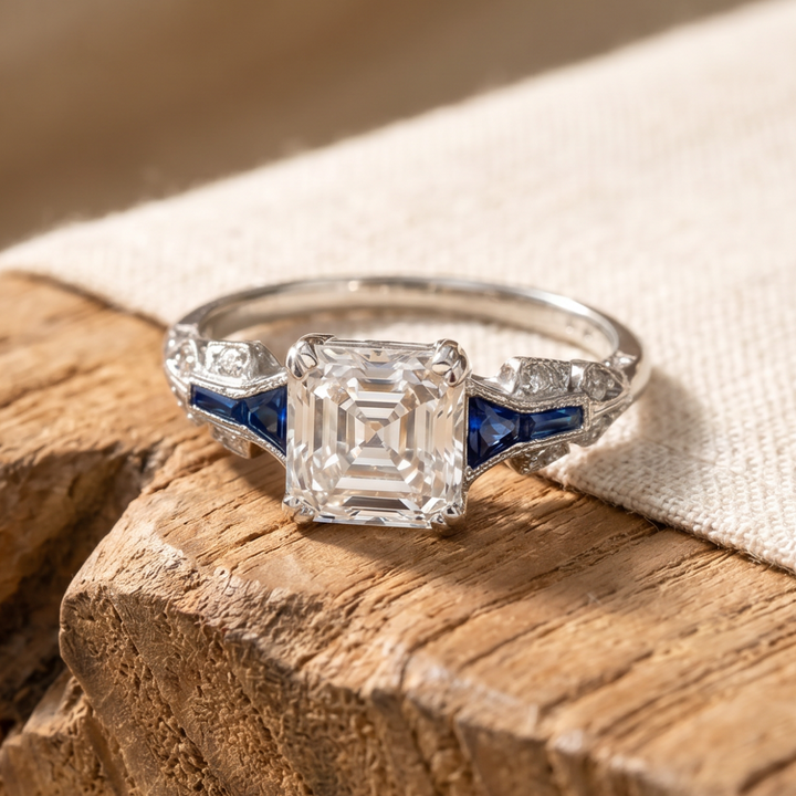 Art Deco Sapphire Ring with Asscher-Cut Center Stone in Silver Tone