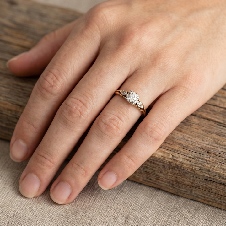 Round Zirconia Vintage Ring with Split Shank in Gold-Tone