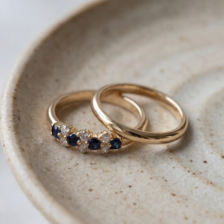 Sapphire-Blue & Zirconia Cluster Ring with Gold-Tone Band Set