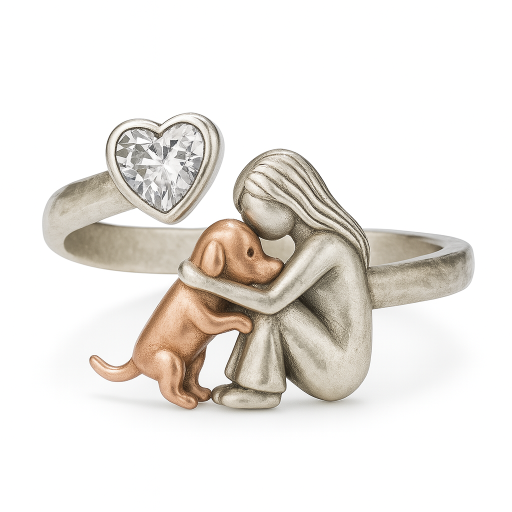 Handcrafted 925 Sterling Silver Dog Ring with Heart-Shaped Cubic Zirconia - Adjustable